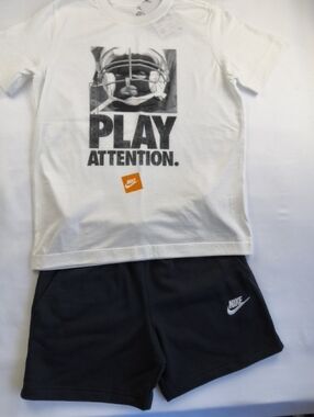 Nike White Graphic 'Play Attention' Tee with Black Nike Shorts